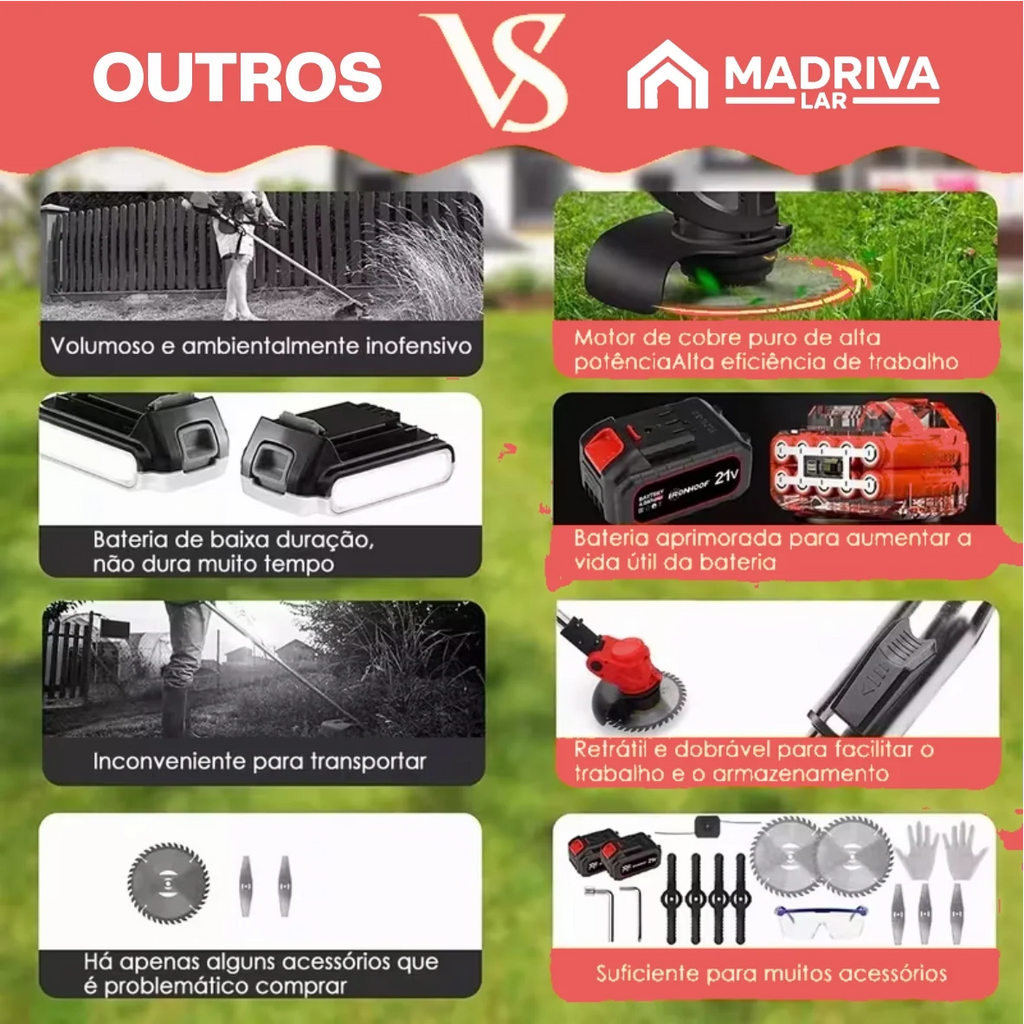 Roçadeira Elétrica TurboMax Multiuso 5 em 1 + BRINDE: 4 Baterias De Lítio 21 Volts - COMPRE 1 LEVE 2